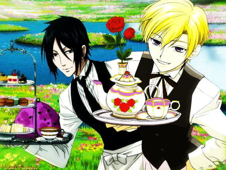 I Prefer the Raven - tea, ohshc, raven, sebastian, suoh, kuroshitsuji, ouran high school host club, anime, tamaki, demon, flower