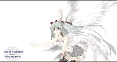 Angel Miku - tie, pretty, artistic, angel, uniform, nice, program, leggings, hot, thighhighs, beauty, virtual, red eyes, cg, white, wings, cute, aqua eyes, song, outfit, sexy, vocaloid, anime, twintail, hatsune miku, music, aqua, stockings, long socks, art, idol, anime girl, skirt, beautiful, singer, girl, blush, cool, black, miku, awesome, diva, digital, aqua hair, hatsune, vocaloids