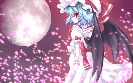 Remilia Scarlet - moon, anime girl, female, cherry blossom, alone, bat wings, sweet, touhou, headdres, cute, remilia scarlet