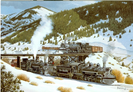 Crossing Railways - steam, locomotives, railway, snow, mountains