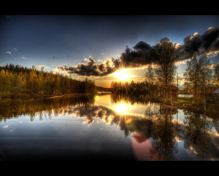 Hdr - silence, amazing, evening, reflection, view, hdr, sky, sun, clouds, trees, water, image, beautiful, beauty, popular, nature, tranquility, background, lakes