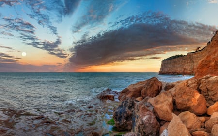 The Beginning Of A New Day - summer, splendor, sunrise, a new day, view, good morning, sky, clouds, moon, beautiful, sea, beauty, colors, morning, lovely, ocean, colorful, nature, waves, day, peaceful, rocks