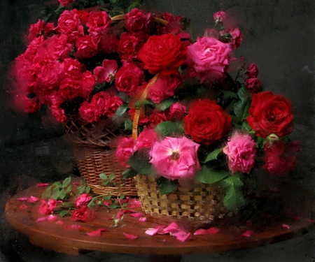 Roses - beauty, roses, photography, pink rose, basket, rose, still life, with love, pretty, window, petals, table, romance, rose petals, red roses, drops, pink roses, roses petals, rain, for you, lovely, nature, romantic, red, pink, beautiful, flowers, red rose