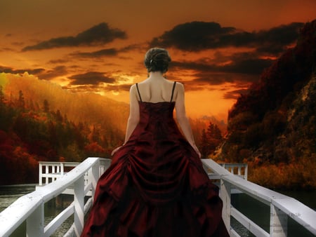 The Autumn of my Life - autumn, red dress, clouds, bridge, fantasy