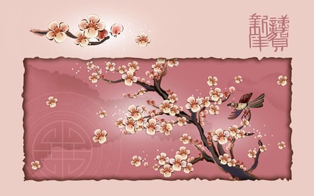 Blossoms - blossoms, pink, bird, limb