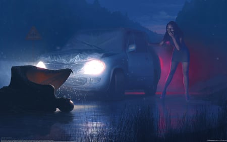 Road Kill - female, road, kill, girl, night, cg, digital paniting, fantasy, steven stahlberg, hd, accident, art