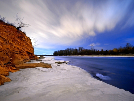 WINTER RIVER - sky, trees, tiver, rock, sand