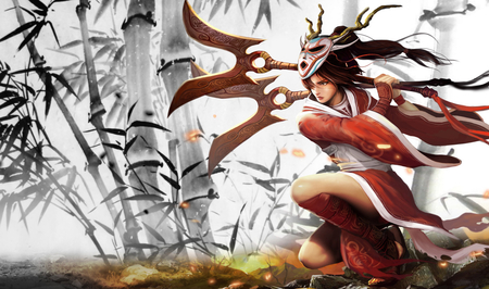 Akali Bloodmoon - blood, moon, girl, kimono, yukata, chineese, blade, black, ninja, akali, blades, red, bloodmoon