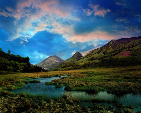 colorfull sky - stone, nature, sky, lake, trees, clouds, colors, grass