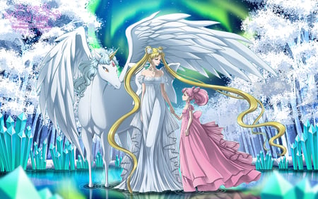 fantasy in allision - princess serenity, allision, helios, pink hair, neo queen serenity, blond hair, pagasus, sailormoon, rini, serena