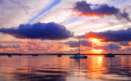 BOATS at REST - clouds, boats, mirror, sea, sky