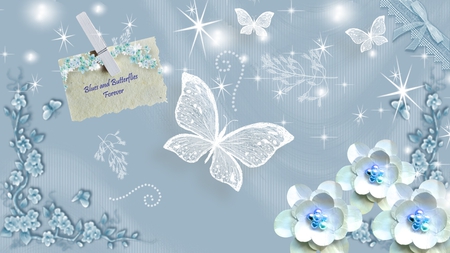 Blues and Butterflies Forever - abstract, blue, note, butterflies, clothes pin, stars, firefox persona, flowers, glow