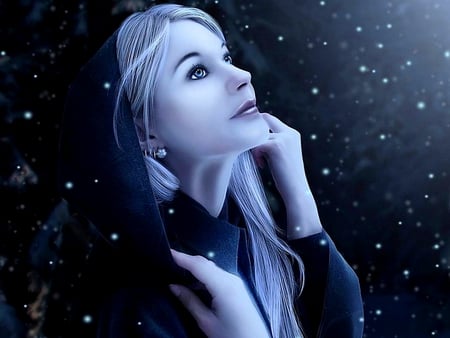 Gothic night - snowfall, girl, night, blond, clear, lovely, gothic, face, dark, beautiful