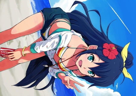 Idolmaster - sky, green eyes, headband, bikini, wet, long hair, black hair, flower