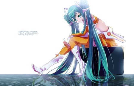 Hatsune Miku - aqua, hot, headset, thighhighs, music, anime girl, white, art, flag, cool, aqua eyes, artistic, hatsune miku, sexy, light, song, vocaloids, program, glow, vocaloid, beautiful, uniform, diva, beauty, nice, twintail, singer, aqua hair, black, virtual, pretty, japan, idol, orange, anime, miku, cute, girl, boots, cheerful japan, cg, hatsune, microphone, headphones, awesome, digital, outfit