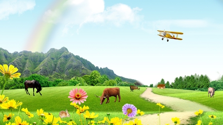 Tranquility - rainbow, farm, sky, mountain, hills, bench, field, airplane, road, cows, cattle, horse, clouds, flowers, barn