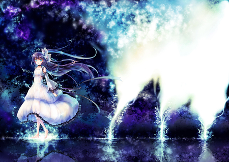 vocaloid - aqua, flowers, ice, blue, dress, long hair, petals