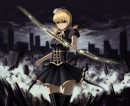 mahou shoujo madoka magica - black, warrior, yelow hair, dress, weapon, blue eyes