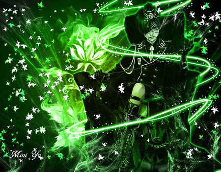 ciel phantomphive - petals, balck hair, green, blue eyes