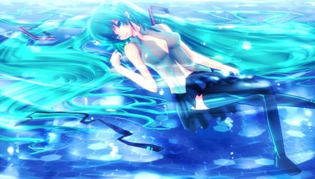 Hatsune Miku - tie, pretty, artistic, light, uniform, nice, program, leggings, thighhighs, beauty, virtual, cg, white, cute, aqua eyes, song, outfit, vocaloid, anime, blue, twintail, hatsune miku, music, aqua, stockings, long socks, art, sky, idol, clouds, anime girl, skirt, water, beautiful, singer, girl, cool, black, glow, miku, awesome, diva, digital, aqua hair, hatsune, vocaloids