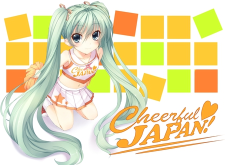 Hatsune Miku - pretty, artistic, uniform, japan, nice, program, hot, thighhighs, beauty, virtual, cg, white, green, cute, aqua eyes, song, cheerful japan, outfit, sexy, vocaloid, anime, yellow, twintail, hatsune miku, music, aqua, beauitful, art, idol, anime girl, skirt, cubes, singer, girl, cool, orange, cheerleader, black, miku, awesome, diva, digital, aqua hair, hatsune, vocaloids