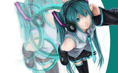 Hatsune Miku - tie, pretty, artistic, pink, uniform, headphones, nice, program, leggings, thighhighs, beauty, virtual, cg, white, cute, aqua eyes, song, outfit, vocaloid, anime, twintail, hatsune miku, microphone, music, aqua, stockings, long socks, art, idol, anime girl, skirt, beautiful, singer, girl, cool, black, miku, awesome, diva, digital, aqua hair, hatsune, vocaloids, headset