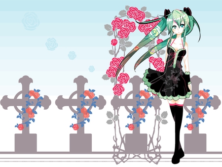 Hatsune Miku - pretty, artistic, pink, flowers, nice, program, leggings, hot, thighhighs, beauty, virtual, cg, white, graveyard, gray, cute, aqua eyes, song, sexy, vocaloid, anime, tombstone, twintail, dress, hatsune miku, pink rose, music, aqua, stockings, long socks, art, sky, idol, anime girl, beautiful, singer, girl, cool, black, miku, awesome, diva, digital, rose, aqua hair, hatsune, vocaloids, grave