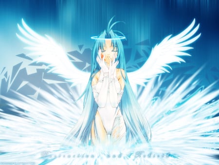 Angel Pray - angel, female, heart, light, wings, white dress, pray, anime girl, heaven, tattoo, blue hair, pretty, sweet, cute, angel pray