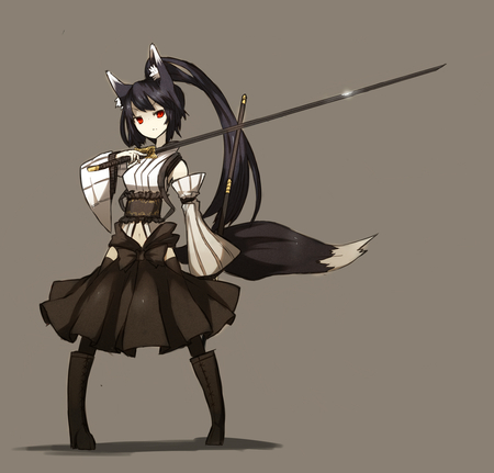 Neko girl - anime girl, boots, animal ears, sword, kimono, cool, tail, kawai, japanese clothes, katana, cute, weapon