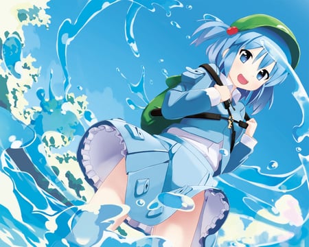 Kawashiro Nitori - beauty, sexy, hot, twintails, blue eyes, water, anime girl, stunning, blue hair, touhou, pretty, beautiful, kawashiro nitori, cute, short hair, dress