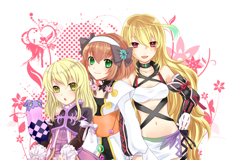 Triple Beauties - pretty, heart, green eyes, pink, long hair, flowers, stunning, beauties, anime girls, yellow eyes, beautiful, hot, blonde hair, beauty, tagme, brown hair, red eyes, cute, sexy