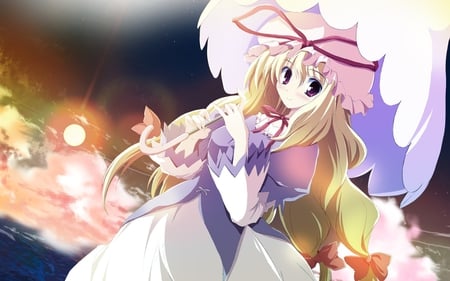 Yakumo Yukari - hat, touhou, dress, girl, blonde hair, long hair, yakumo yukari, purple hair