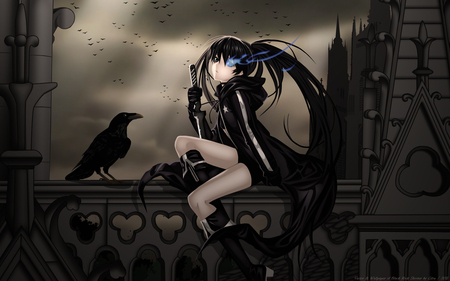 black rock shooter - girl, drawing, bird, crow, balcony, dark, catoon, pretty, clouds, anime, manga, black rock shooter