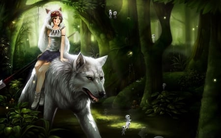 riding the white wolf - wolf, pretty, forest, girl, animal, fantasy