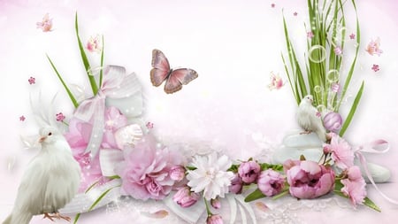 Prejudise for Pink - birds, summer, bows, grass, pink, doves, peonies, flowers, soft, lace firefox persona, ribbons