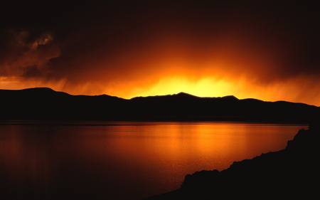 Over the Lake - hills, orange, water, sunset