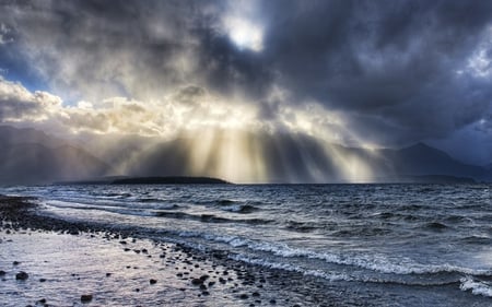 Beaming Down - beam, clouds, light, sun