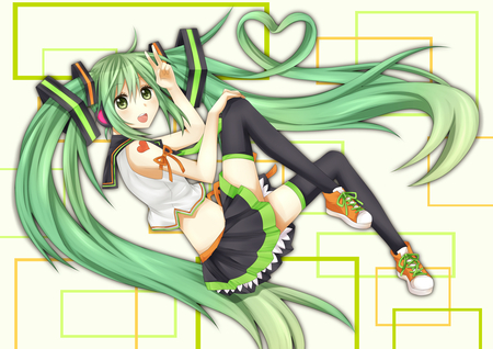 Hatsune Miku - tie, pretty, artistic, heart, uniform, japan, headphones, nice, program, leggings, hot, thighhighs, beauty, virtual, cg, white, cute, aqua eyes, song, cheerful japan, outfit, sexy, vocaloid, anime, blue, twintail, hatsune miku, microphone, music, aqua, stockings, long socks, art, idol, anime girl, skirt, beautiful, singer, girl, cool, orange, cheerleader, black, miku, awesome, diva, digital, aqua hair, hatsune, vocaloids, headset