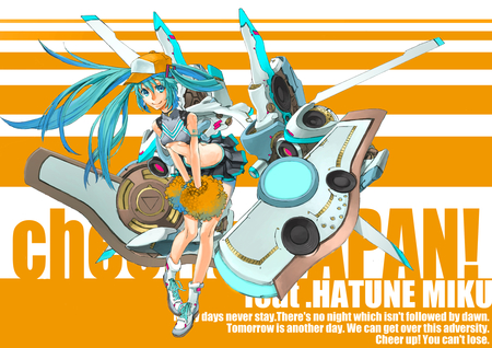 Hatsune Miku - outfit, musical, virtual, miku, digital, vocaloids, song, airplane, hat, uniform, singer, cool, awesome, vocaloid, thighhighs, anime, twintail, blue, cg, skirt, aqua hair, hatsune, black, cute, beautiful, hot, girl, anime girl, wings, white, pom poms, cheerleader, program, aqua eyes, artistic, pretty, aqua, beauty, aqua hiar, art, diva, nice, tie, sexy, orange, idol, music, hatsune miku