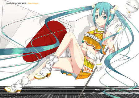 Hatsune Miku - aqua, hot, thighhighs, music, anime girl, white, art, flag, cool, aqua eyes, artistic, hatsune miku, skirt, sexy, song, vocaloids, program, vocaloid, beautiful, uniform, diva, nice, beauty, twintail, singer, aqua hair, black, virtual, japan, pretty, idol, anime, miku, cute, girl, cheerful japan, cg, red, blue, digital, awesome, outfit