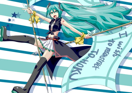 Hatsune Miku - aqua, hot, thighhighs, music, anime girl, stockings, white, art, flag, yellow, cool, aqua eyes, artistic, hatsune miku, sexy, skirt, leggings, song, vocaloids, program, vocaloid, beautiful, uniform, diva, beauty, nice, twintail, singer, aqua hair, long socks, black, virtual, japan, pretty, idol, anime, miku, cute, girl, cheerful japan, cg, hatsune, awesome, digital, gray, outfit