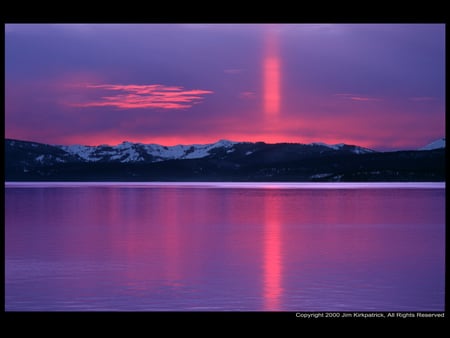 Sun Pillar - sun, clouds, pink, red, water, sunset