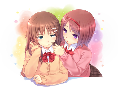 Original - uniform, aqua eyes, short hair, purple eyes, 2girls, brown hair