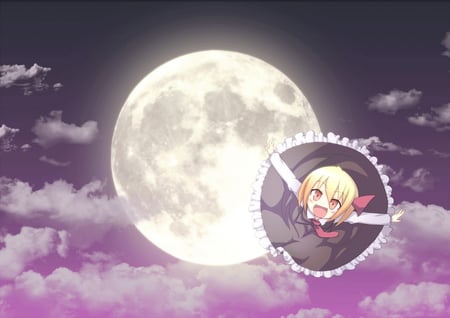 touhou - red eyes, moon, purple, yelow hair, dress, ciel