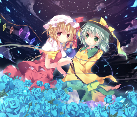 touhou - girls, stars, blue, flowers, dress, ciel