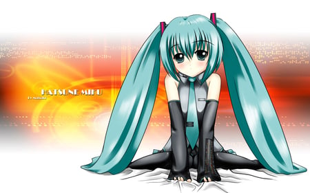 Hatsune Miku - tie, pretty, artistic, uniform, bed, nice, program, leggings, hot, beauty, virtual, cg, white, gray, cute, aqua eyes, song, outfit, sexy, vocaloid, anime, twintail, hatsune miku, music, aqua, stockings, long socks, art, idol, anime girl, skirt, beautiful, singer, girl, cool, orange, black, miku, awesome, diva, digital, aqua hair, hatsune, vocaloids