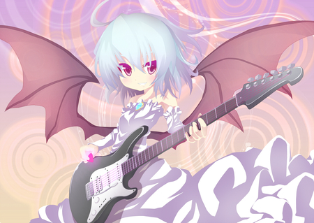 Remilia Scarlet - play, rock, bat wings, cool, sweet, red eyes, white dress, music, guitar, touhou, cute, remilia scarlet