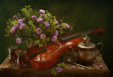 Still Life - pretty, violin, beautiful, colors, petals, still life, flowers, basket, nature, glasses