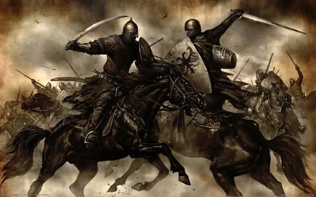 TWO WARRIORS ARE FIGHTING - nice, hq, wallpaper, black, hd, art, amazing, fight, cool, horse, 2011, beautiful, sword, history