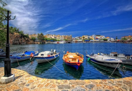 Crete,Greece - summer, alley, boat, lantern, port, greece, peaceful, buildings, blue, clear water, crete, clouds, lovely, harbour, sailing, colors, clear, beautiful, leaves, architecture, view, tree, nature, colorful, sailboat, pretty, water, beauty, sailboats, sky, sunny, town, houses, building, splendor, house, trees, sea, boats, green